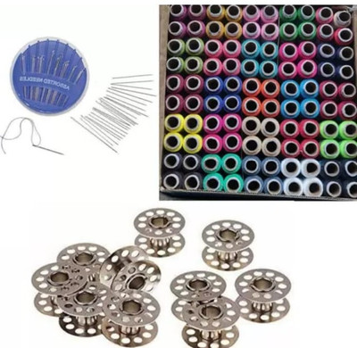 HouseOfCommon Sewing Kit - 100pcs Multicolor Thread Box, 10 Bobbin and Needle pack Sewing Kit