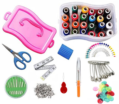manrish Sewing Kit/Threads,Needle,Chalk,Scissors,Measuring Tape,Buttons,Threader,&Box Sewing Kit