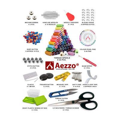 Aezzo Sewing Kit Double Layer Multipurpose Tailoring Sewing Kit Box with all Accessories like 300 Meter Thread Spool, Needle Compact, Thread Cutter, Measure Tape, Dress & Trouser Hook, Bobbins, Shirt Buttons, Seam Ripper, Scissor, Pearl Pin etc. with Heavy, Durable and Flexible Transparent Plastic S