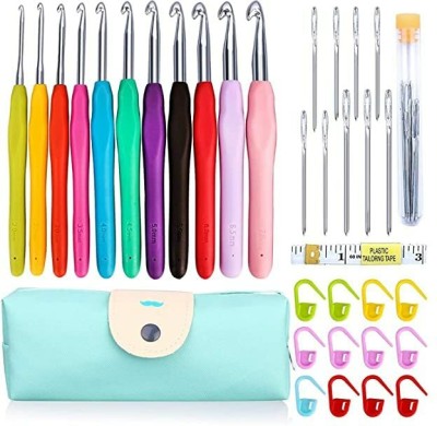 TREXEE 35 Pcs Crochet Hooks Set Soft Handles Needles for Arthritic Hands,Aluminum Blunt Sewing Kit