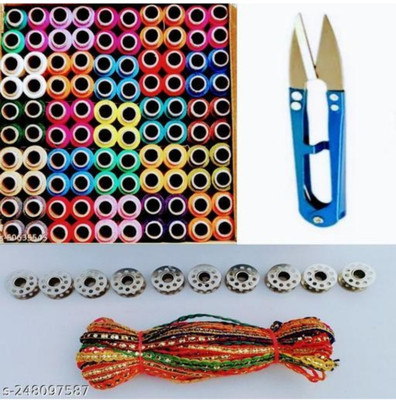 HouseOfCommon 100 pcs Thread Box with Lace and 10 Bobbins, Cutter Sewing Kit