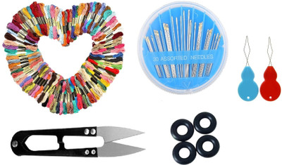 Kunfaya 10 Cotton Skeins + 1 Needle Compact + 1 Cutter + 2 Thread Pick + 5 Bobbin Winder Sewing Kit