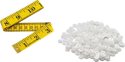 Kunfaya Combo Of 1 Measuring Tape + 20 White Round 4 Holes Buttons Sewing Kit
