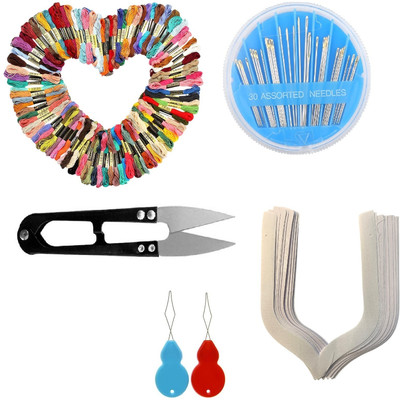 Kunfaya 10Cotton Skein + 1 Needle Compact + 1Cutter + 2 Thread Pick + 15 V Shaped Bukram Sewing Kit