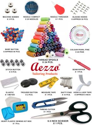 Aezzo Sewing Kit Double Layer Multipurpose Tailoring Sewing Kit Box with all Accessories like 300 Meter Thread Spool, Needle Compact, Thread Cutter, Measure Tape, Dress &amp; Trouser Hook, Bobbins, Shirt Buttons, Seam Ripper, Scissor, Pearl Pin etc. with Heavy, Durable and Flexible Transparent Plastic Sewing Kit Box. Sewing Kit