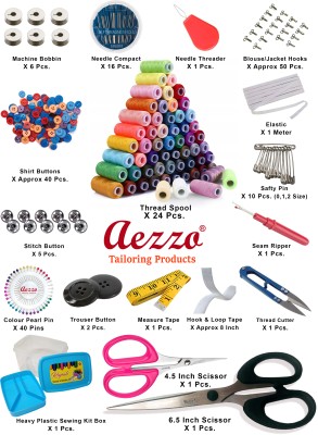 Aezzo Double Layer Multipurpose Tailoring Sewing Kit Box with all Accessories like 300 Meter Thread Spool, Needle Compact, Thread Cutter, Measure Tape, Dress & Trouser Hook, Bobbins, Shirt Buttons, Seam Ripper, Scissors, Pearl Pin etc. with Heavy, Durable and Flexible Transparent Plastic Sewing Kit 
