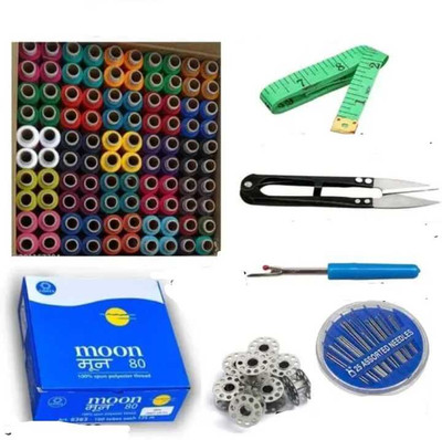 HouseOfCommon 100 pcs Threads, Measuring Tape, 5 Bobbin with Thread Cutter Sewing Kit