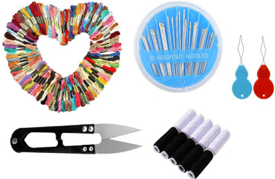 Kunfaya 10 Cotton Skeins + 1 Needle Compact + 1 Cutter + 2 Thread Pick + 10 B/W Spools Sewing Kit
