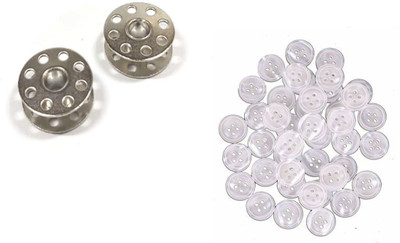 Kunfaya Tailoring Combo Of 2 Bobbins + 20 White Round 4 Holes Buttons Sewing Kit