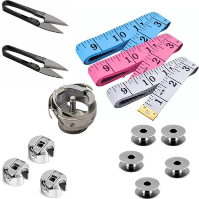 jsc COMBO CUTTER,HOOKSET,BOBBIN CASE( PACK OF 3)BOBBIN(PACK OF 5)WITH INCH TAPE Sewing Kit