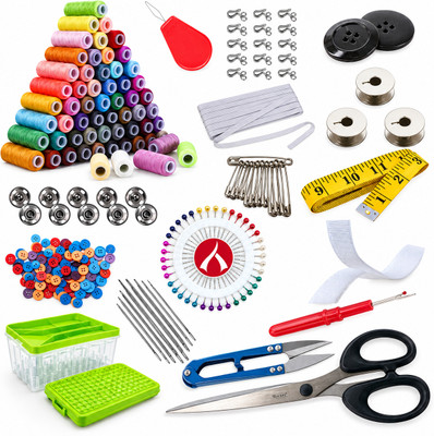 Aezzo Sewing Kit Double Layer Multipurpose Tailoring Sewing Kit Box with all Accessories like 300 Meter Thread Spool, Needle Compact, Thread Cutter, Measure Tape, Dress & Trouser Hook, Bobbins, Shirt Buttons, Seam Ripper, Scissor, Pearl Pin etc. with Heavy, Durable and Flexible Transparent Plastic S