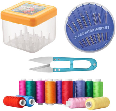 DECRONICS 16 Pcs Thread Spools With Box, 1 Thread Cutter, 25 Assorted Compact Needles Sewing Kit