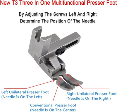 LYSOO T3 Presser Foot,3-in-1 Presser Foot for Single-Needle Industrial Sewing Machines Universal Foot T3 Adjustable Cording/Regular/Zipper Presser Foot for Lockstitch with High Shank(Pack of 1)