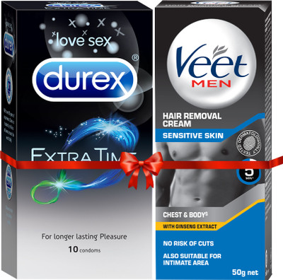 DUREX Extra Time 10s Condom with Veet Men Sensitive Cream 50g(Pack of 1 For Men)