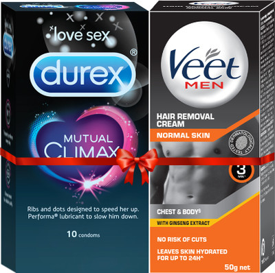 DUREX Mutual Climax 10s Condom with Veet Men Normal Cream 50g(Pack of 1 For Men)