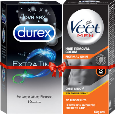 DUREX Extra Time 10s Condom with Veet Men Normal Cream 50g(Pack of 1 For Men)