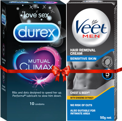 DUREX Mutual Climax 10s Condom with Veet Men Sensitive Cream 50g(Pack of 1 For Men)