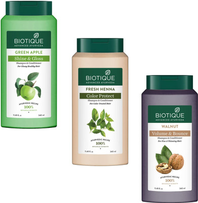 BIOTIQUE Walnut & Fresh Heena & Green Apple Shampoo 340Ml (Pack Of 3)(1020 ml)
