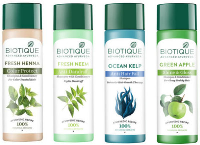 BIOTIQUE Shampoo Combo - Fresh Henna & Fresh Neem & Ocean Kelp & Green Apple 120ml Each(480 ml)