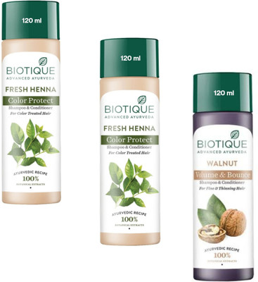 BIOTIQUE Shampoo 120ml - Fresh Henna -2pcs & Walnut (Pack of 3)(360 ml)