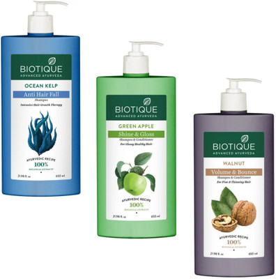 BIOTIQUE Shampoo 650ml - Ocean Kelp & Green Apple & Walnut (Pack of 3)(1950 ml)