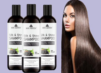 Bon Austin Silk & Shine Shampoo (Charcoal) Dry & Frizzy TO Smooth & Shiny Hair 100ml Pack 3(300 ml)