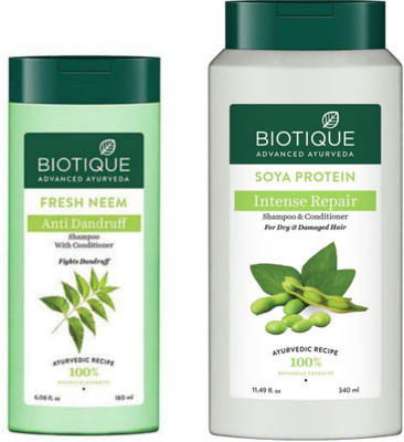 BIOTIQUE Shampoo - Fresh Neem - 180ml & Soya Protein - 340ml (Pack of 2)(520 ml)