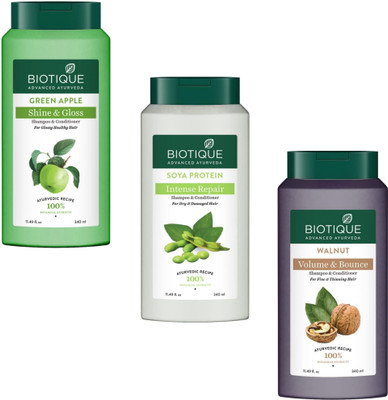 BIOTIQUE Shampoo 340ml - Green Apple & Soya Protein & Walnut (Pack of 3)(1020 ml)
