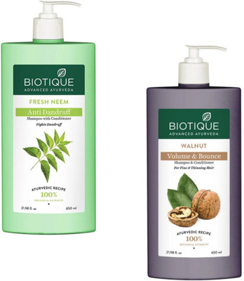 BIOTIQUE Shampoo 650ML - Fresh Neem Anti Dandruff & Walnut (Pack of 2)(1300 ml)