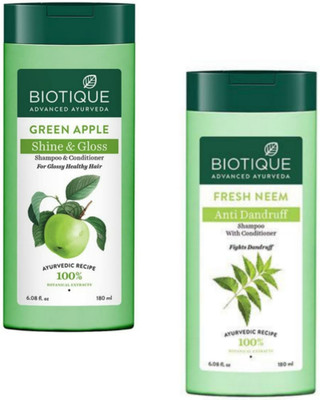 BIOTIQUE Shampoo 180ml - Green Apple Shine & Glo. & Fresh Neem Anti Dandruff (Pack of 2)(360 ml)