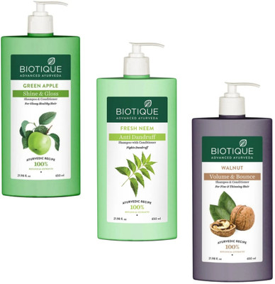 BIOTIQUE Shampoo 650ml - Green Apple & Fresh Neem & Walnut (Pack of 3)(1950 ml)