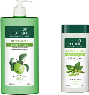 BIOTIQUE Shampoo Combo – Green Apple 650 ML & Soya Protein 180 ML (830 ml)