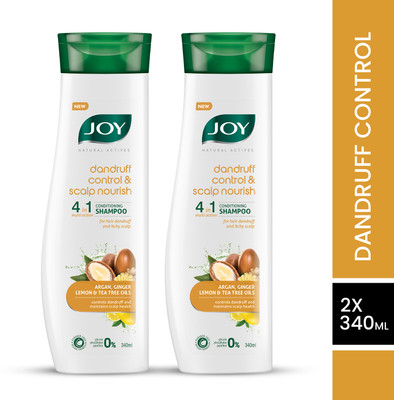 Joy Natural Actives Dandruff Control and Scalp Nourish 4 in 1 Multi Action Conditioning Shampoo | With Lemon and Tea Tree Oils, Argan, Ginger | Anti-Dandruff Conditioning Shampoo Pack of 2 X 340ml )(680 ml)