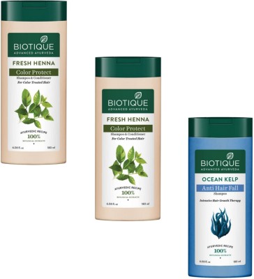 BIOTIQUE Shampoo 180ml - Fresh Henna Colour Protect -2pcs & Ocean Kelp (Pack of 3)(540 ml)