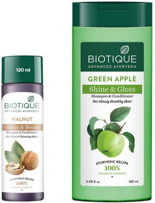 BIOTIQUE Green Apple Shampoo 180Ml & Walnut Shampoo 120Ml (Set of 2)(300 ml)