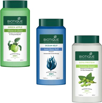 BIOTIQUE Shampoo 340ml - Green Apple & Ocean Kelp & Soya Protein (Pack of 3)(1020 ml)