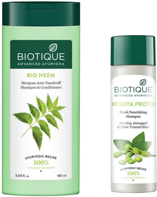 BIOTIQUE Shampoo - Fresh Neem Anti Dandruff 180ml & Soya Protein 120ml (Pack of 2)(300 ml)