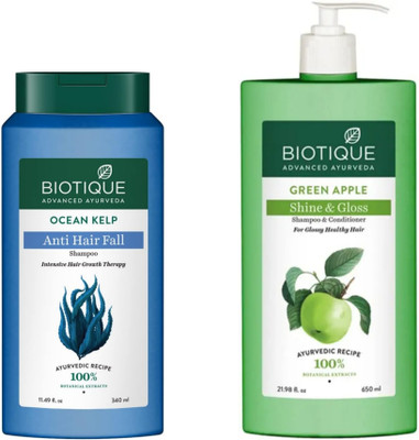 BIOTIQUE Shampoo - Ocean Kelp - 340ml & Green Apple - 650ml (Pack of 2)(990 ml)
