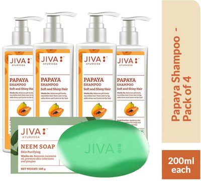 JIVA Papaya Shampoo - Scalp Cleansing Formula - 200 ml Each, Pack of 4 with Neem Soap Free - 100 g(200 ml)