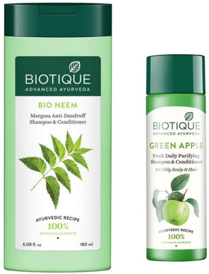 BIOTIQUE Shampoo - Fresh Neem Anti Dandruff 180ml & Green Apple 120ml (Pack of 2)(300 ml)