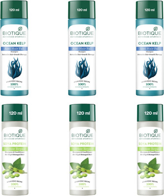 BIOTIQUE Shampoo 120ml - Ocean Kelp -3pcs & Soya Protein -3pcs (Pack of 6)(720 ml)