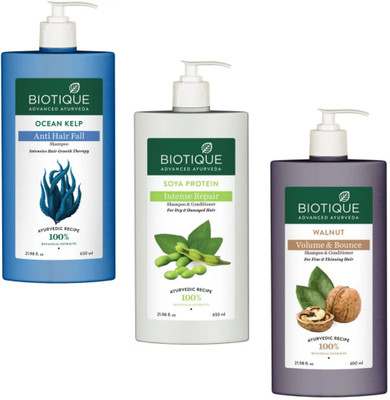 BIOTIQUE Shampoo 650ml - Ocean Kelp & Soya Protein & Walnut (Pack of 3)(1950 ml)