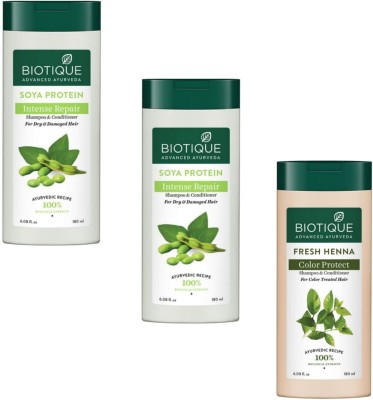 BIOTIQUE Shampoo 180ml - Soya Protein Colour Protect -2pcs & Fresh Henna (Pack of 3)(540 ml)