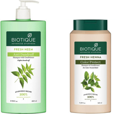BIOTIQUE Shampoo Combo – Neem 650 ML & Henna Leaf 340 ML (990 ml)
