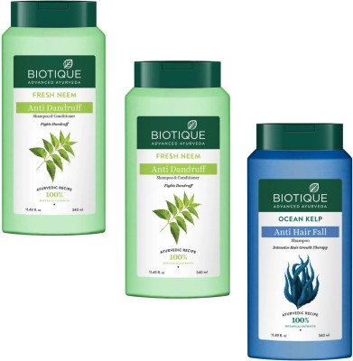 BIOTIQUE Shampoo 340ml - Fresh Neem Anti Dandruff -2pcs & Ocean Kelp (Pack of 3)(1020 ml)