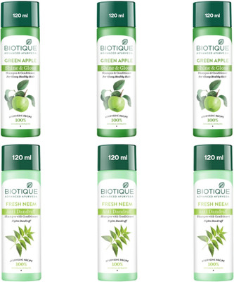BIOTIQUE Shampoo 120ml - Green Apple Shine & Gloss & Fresh Neem Anti Dandruff (Pack of 6)(720 ml)
