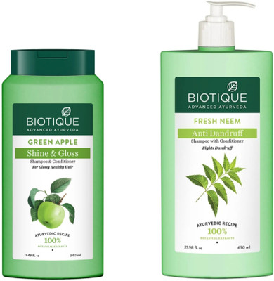 BIOTIQUE Shampoo - Green Apple - 340ml & Fresh Neem - 650ml (Pack of 2)(990 ml)