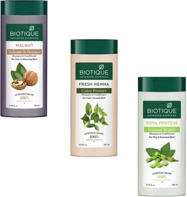 BIOTIQUE Soya Protein & Fresh Heena & Walnut Shampoo 180Ml (Pack Of 3)(540 ml)