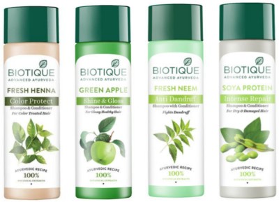 BIOTIQUE Shampoo Combo - Fresh Henna & Green Apple & Fresh Neem &Soya Protein 120ml Each(480 ml)