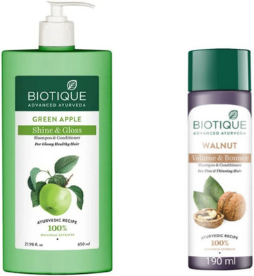BIOTIQUE Shampoo Combo – Green Apple 650 ML & Walnut Bark 190 ML (840 ml)
